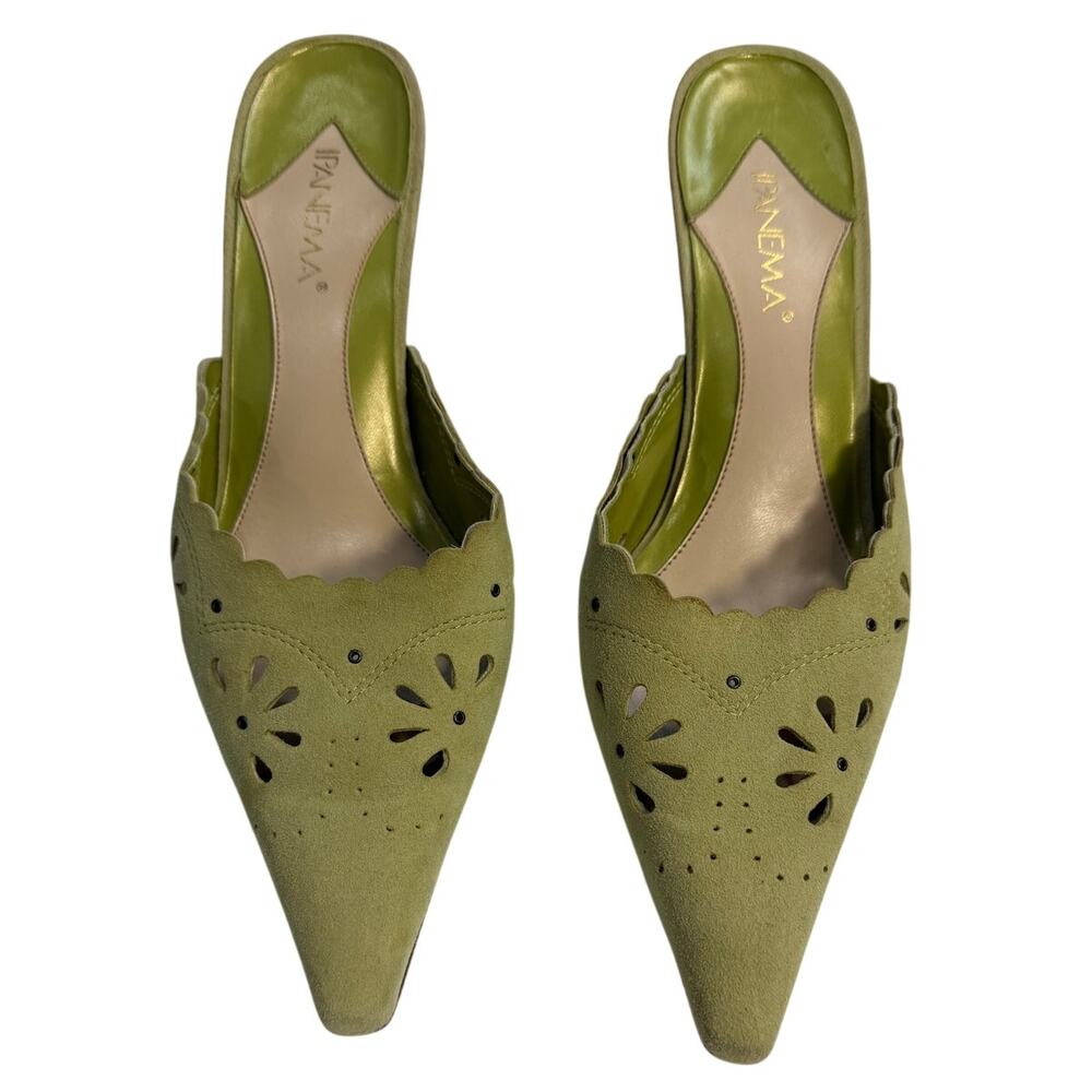 Ipanema Olive Green Suede Kitten Heel Mules Womens 9.5 Pointed Toe Floral Cutout